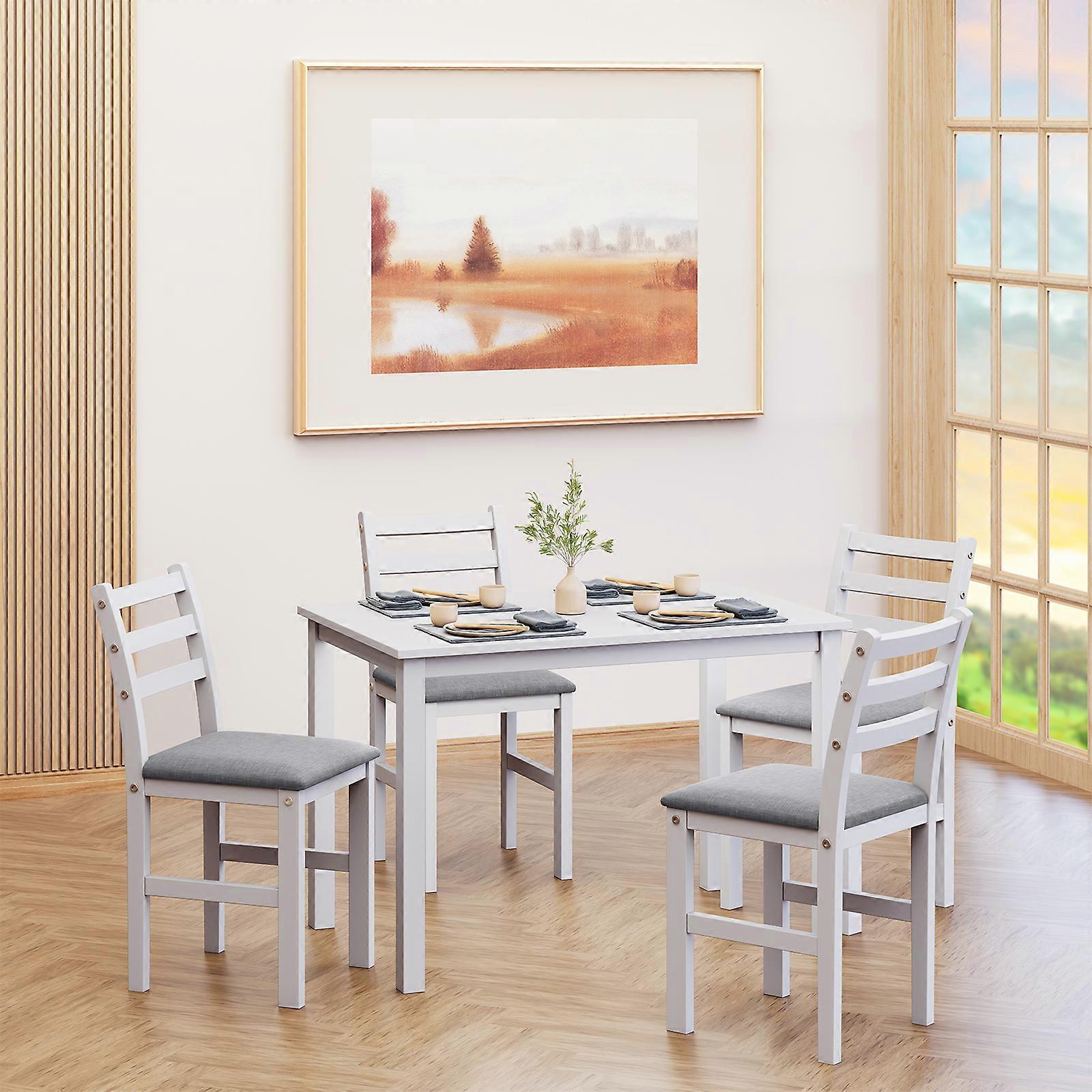 5PCS Dining Table Set with 4 Upholstered Chairs White 110x70x74.8cm