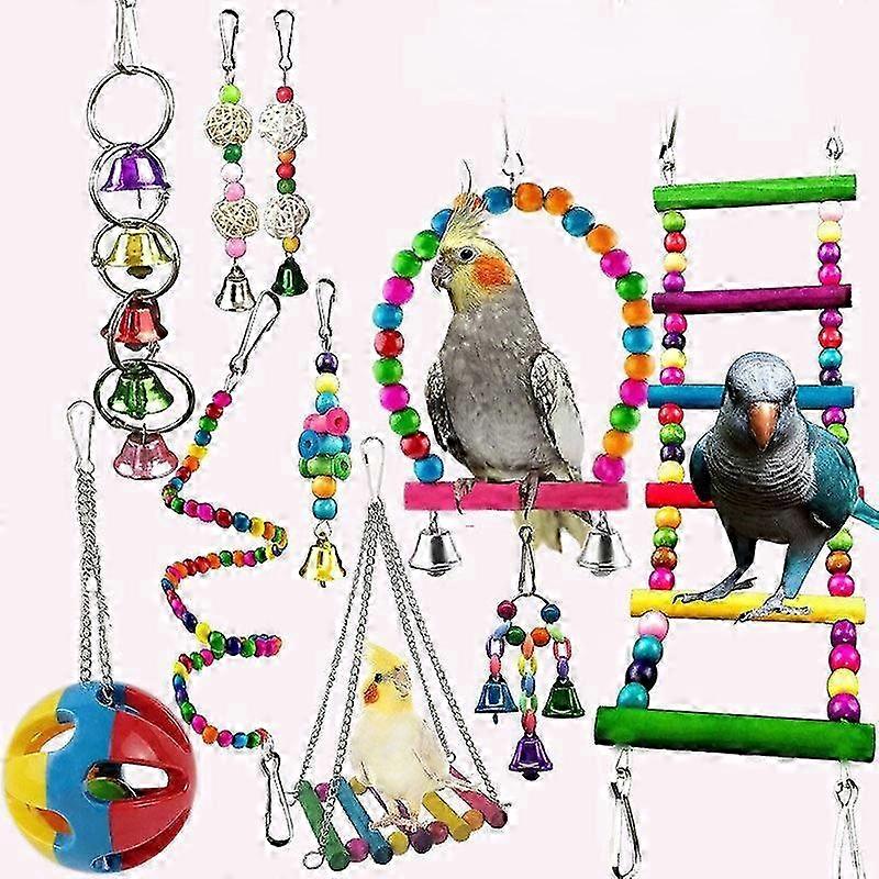 2025 Safe Non-toxic Bird Toys Parrot 10pcs Set Wooden Bead Rotating Ladder Swing Stand Wooden Vine Bal Nibbling String