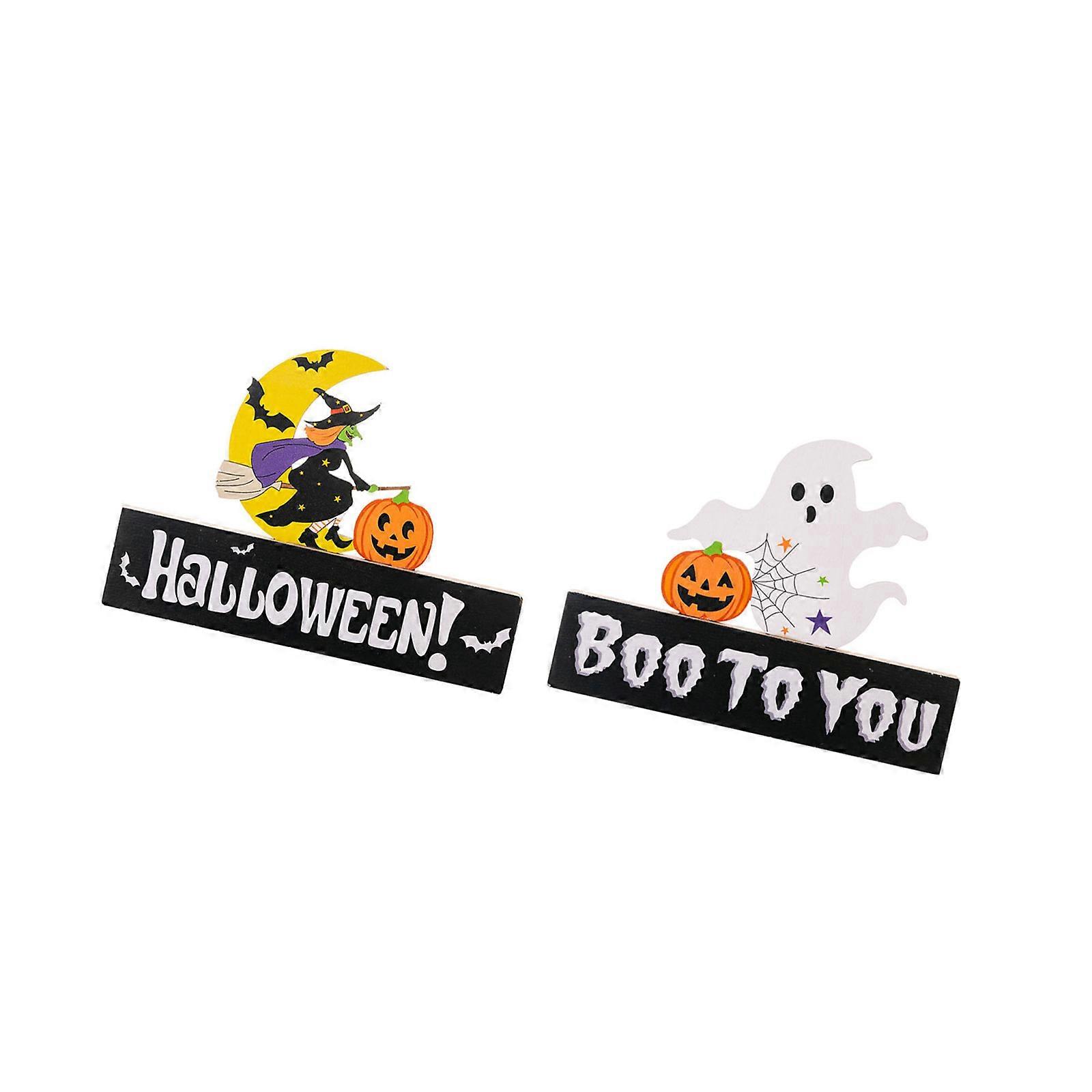 Set of 2 Halloween Gnomes Witch Pumpkin Figurine Wooden Block Sign Decorations For Home Party Tiered Tray Shelf Display Multicolor