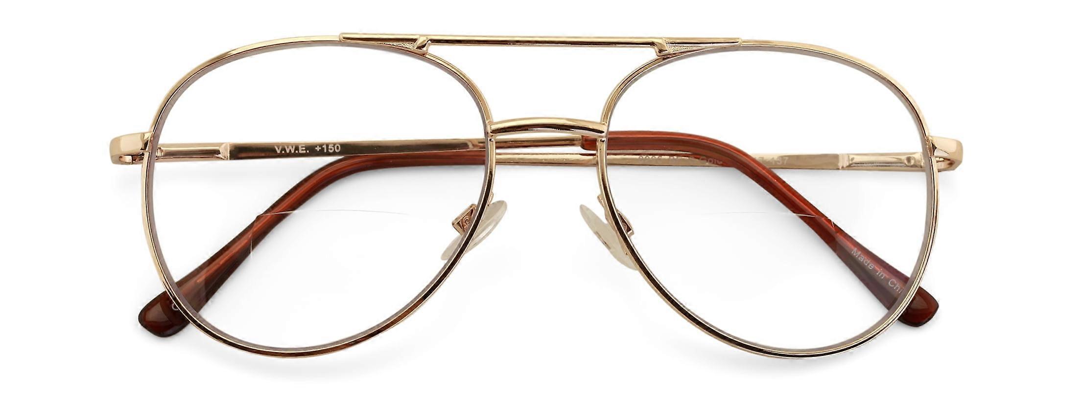 Clear Lens Bifocal Classic Metal Reading Glasses - Spring Hinge Tear Drop Reader Gold +2.25