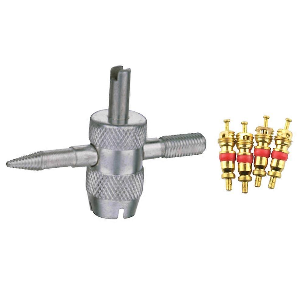 Tire Stem Core Remover Repairer 4 in 1 Tool with 4 Cores for Bike Car