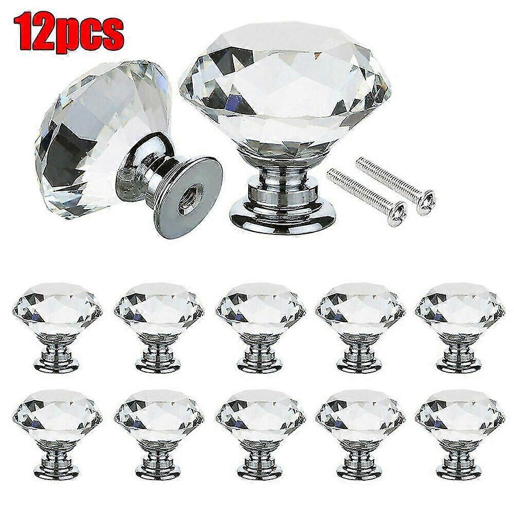 12pcs Clear Crystal Diamond Glass Door Knobs Cabinet Cupboard Drawer Pull Handles