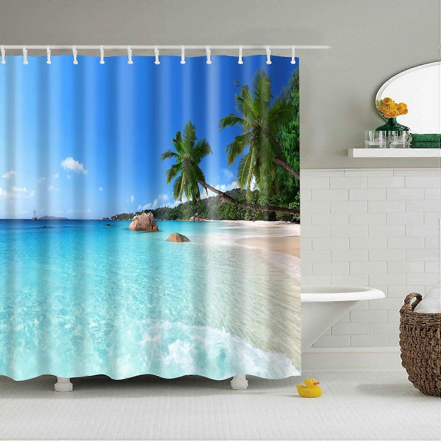 Shower Curtain 180x180cm Polyester Waterproof AntiMould QuickDrying Washable 12 Hooks Beach Coconut Tree2