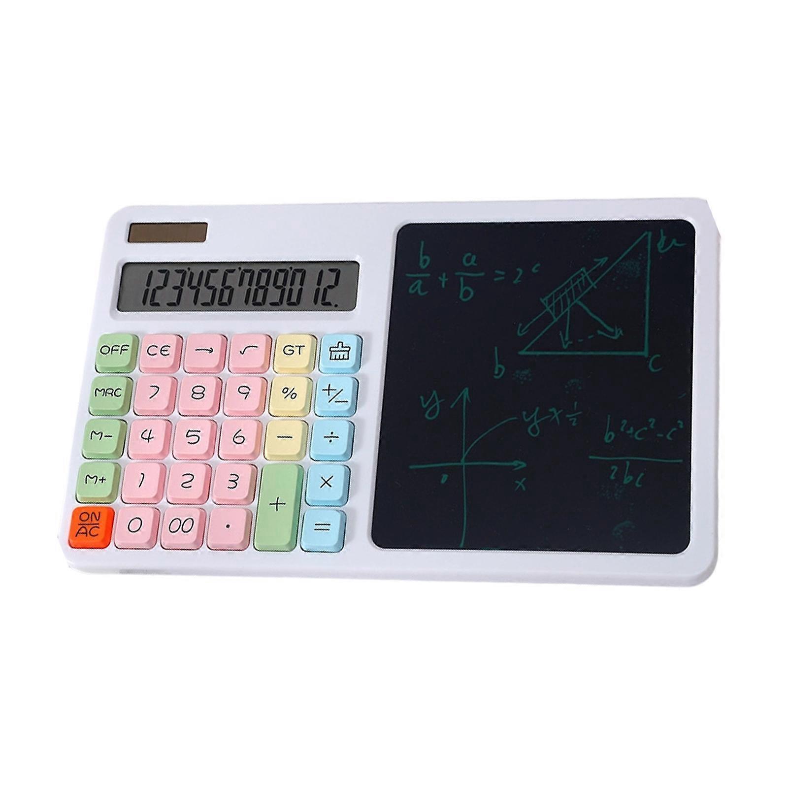 12 Digit Solar Calculator Large LCD Display Standard Function Calculator With LCD Writing Board Double Power Supply  White