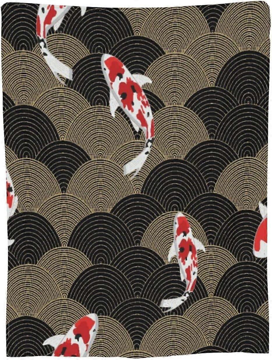 Fleece Blanket Japanese Traditional Fish On A Design Pattern Background Throw Blanket for Couch Bed Sofa,Soft Warm Light-alksj160