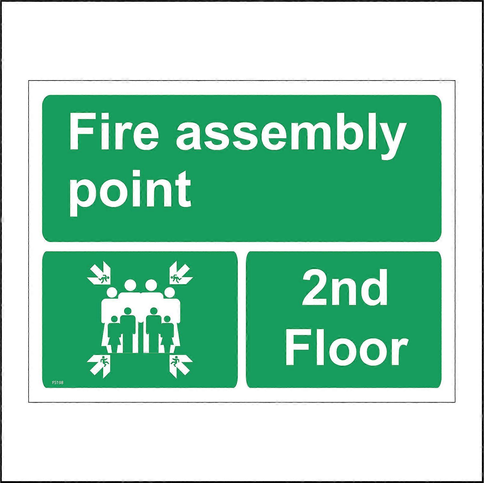 FS198 Fire Assembly Point 2Nd Floor Sign with Four Arrows Pointing To Group Of People Running