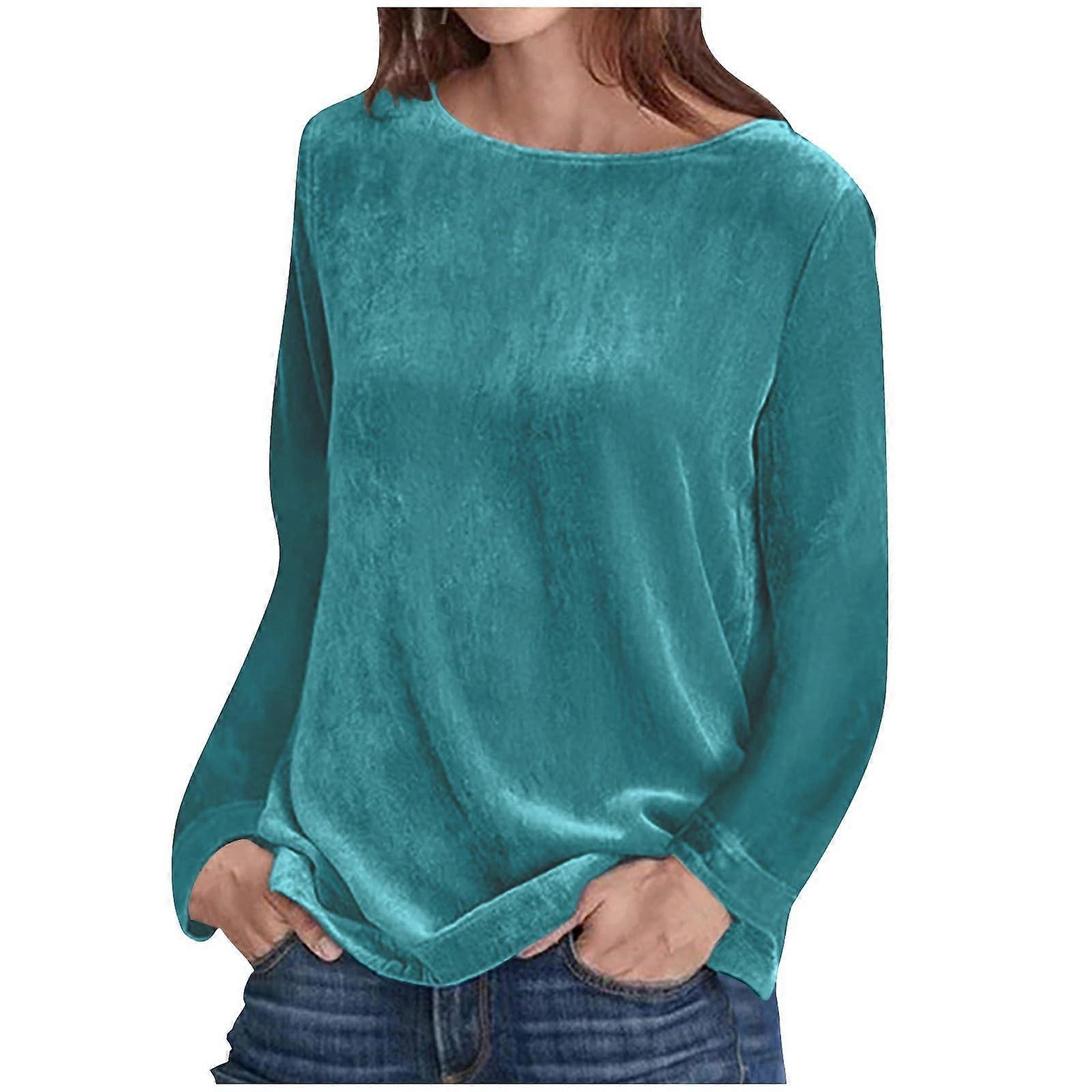 Women's Velvet Long-Sleeve Crew Neck Solid Color Casual T-Shirt  Sky Blue XL