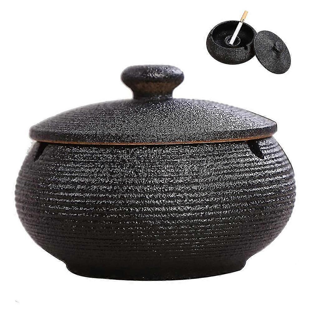 Ceramic Ashtray With Lids, Windproof, Cigarette Ashtray For Home,black