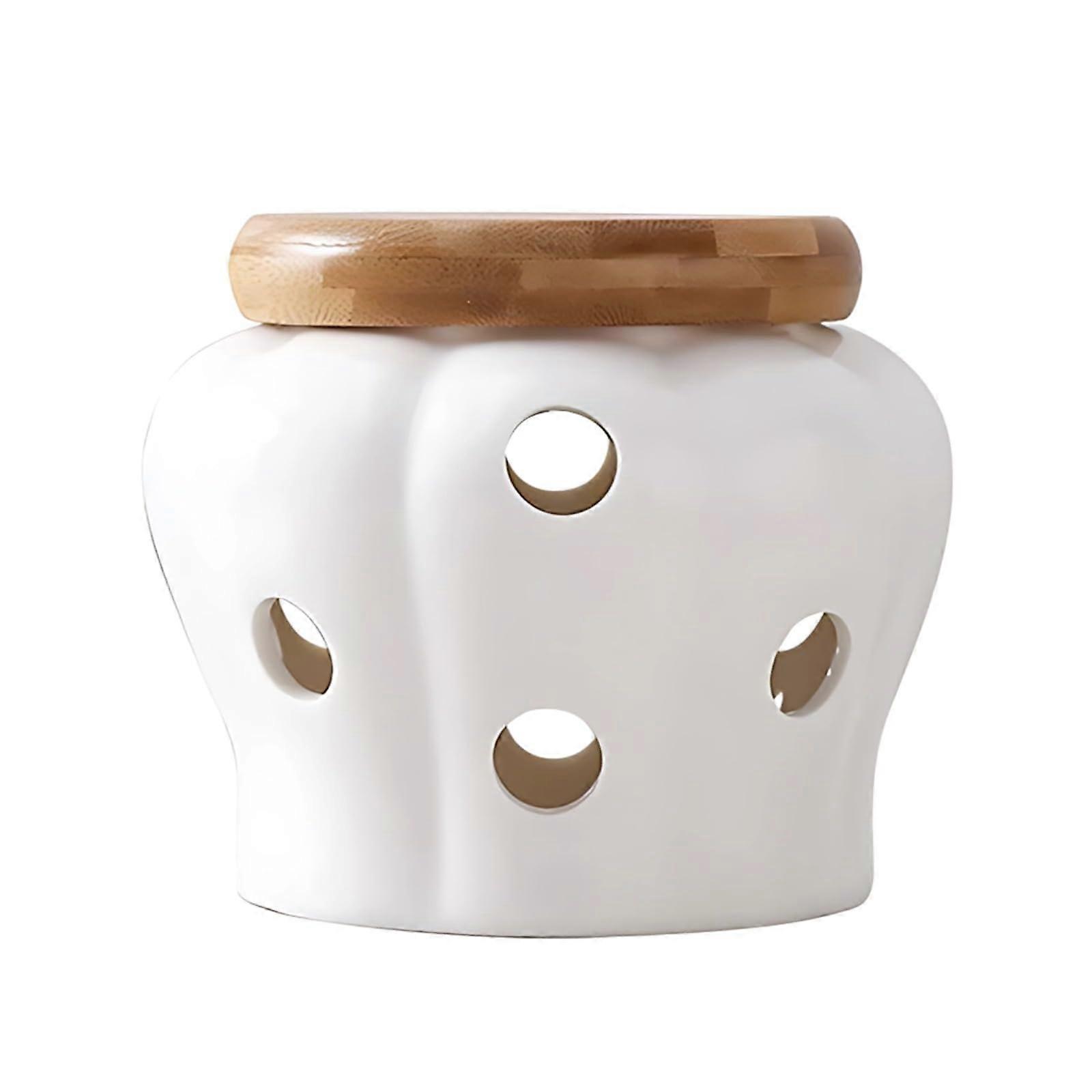 Garlic Keeper Ceramic Storage with Wooden Lid Ventilated Freshness Small White Kitchen Container
