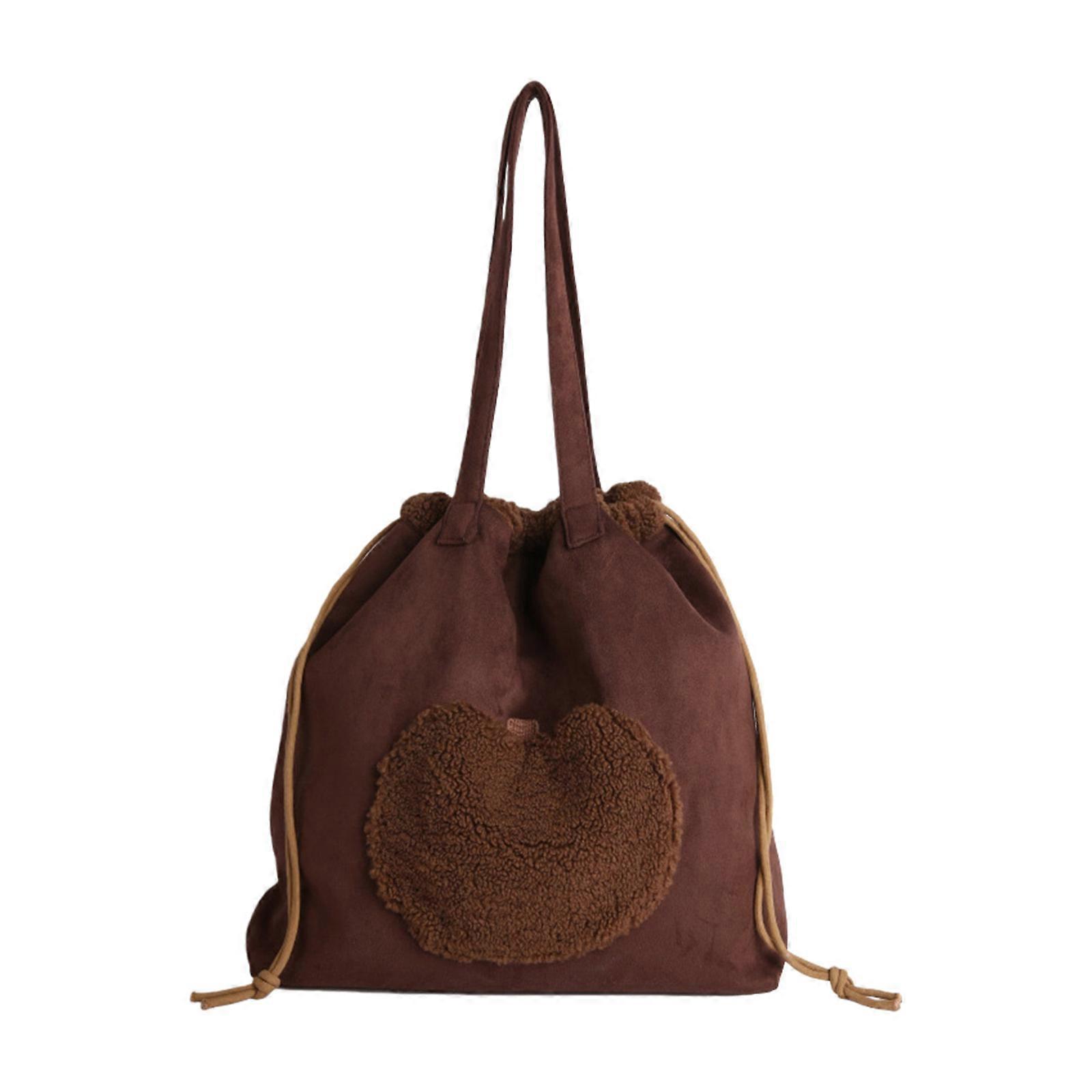 Stylish Unisex Bucket Bag Flexible Suedes Fabric Easy Access Drawstring Top Compact Carry Shoulder Underarm Bag  Coffee