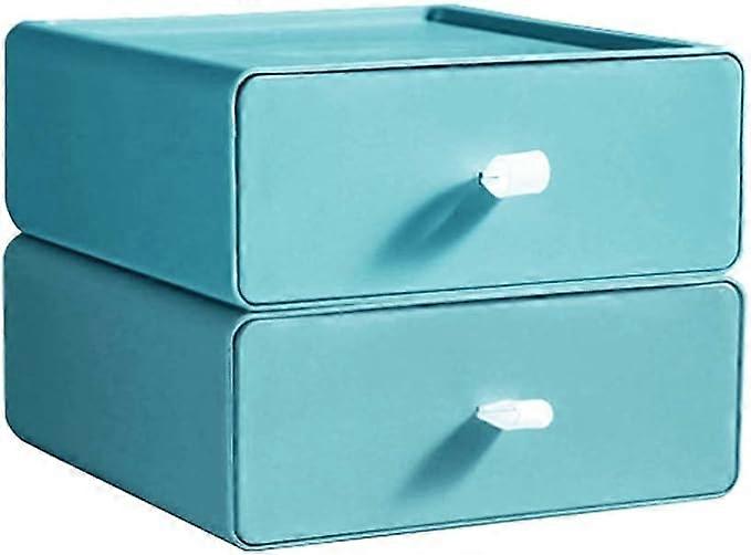 2 pcs desk storage box, large capacity stackable makeup drawer storage box gentian green