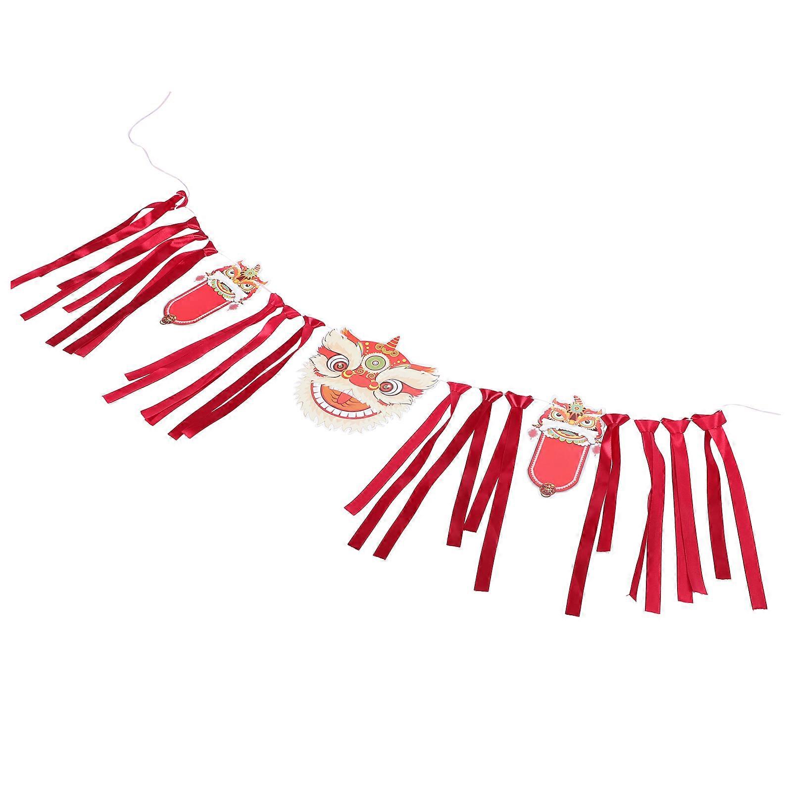 Red Paper Party Banner with Dancing Lion Pattern for New Year Decoration 1Set