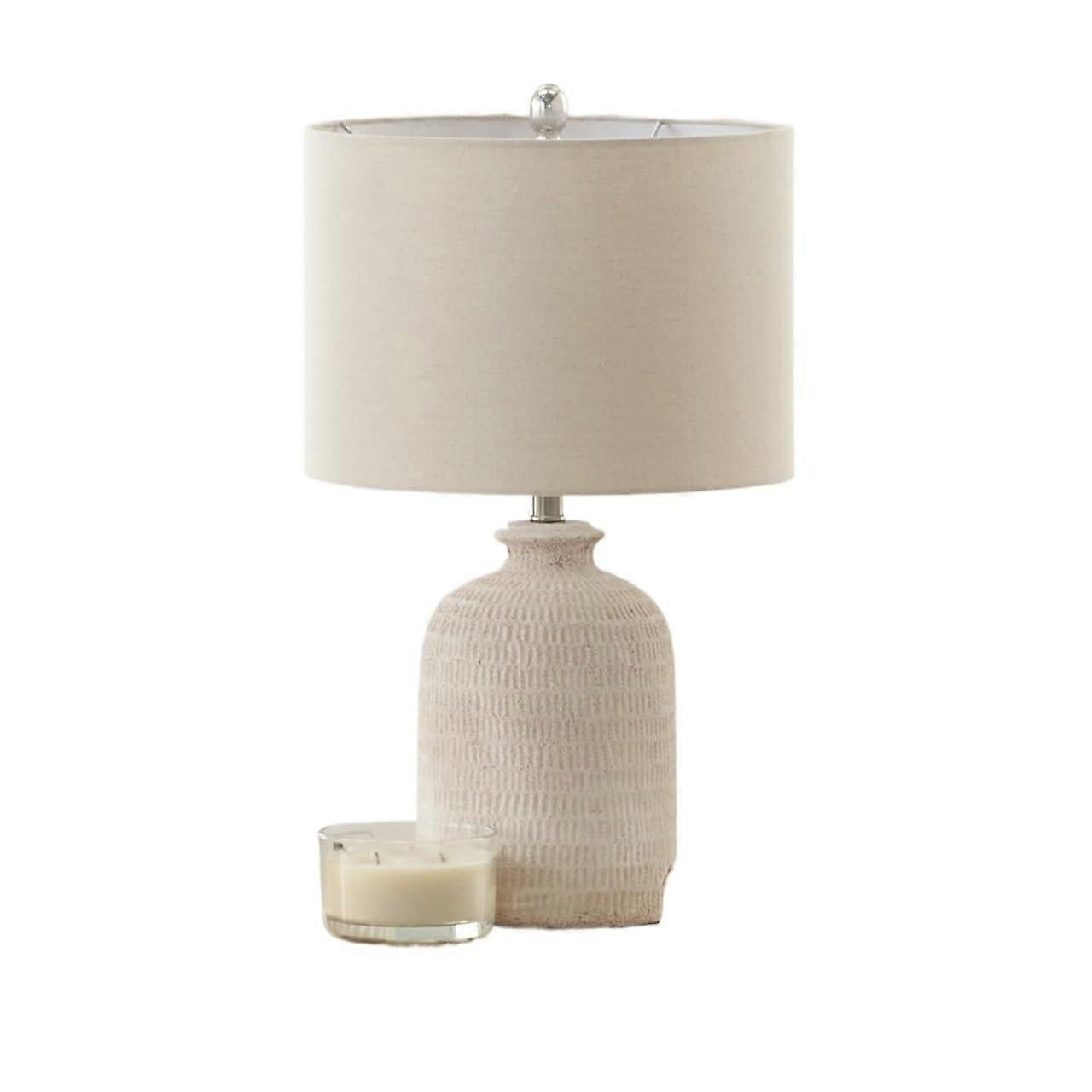 24' White Washed Ceramic Farmhouse Table Lamp with Fabric Shade, Rustic Bedside Lighting