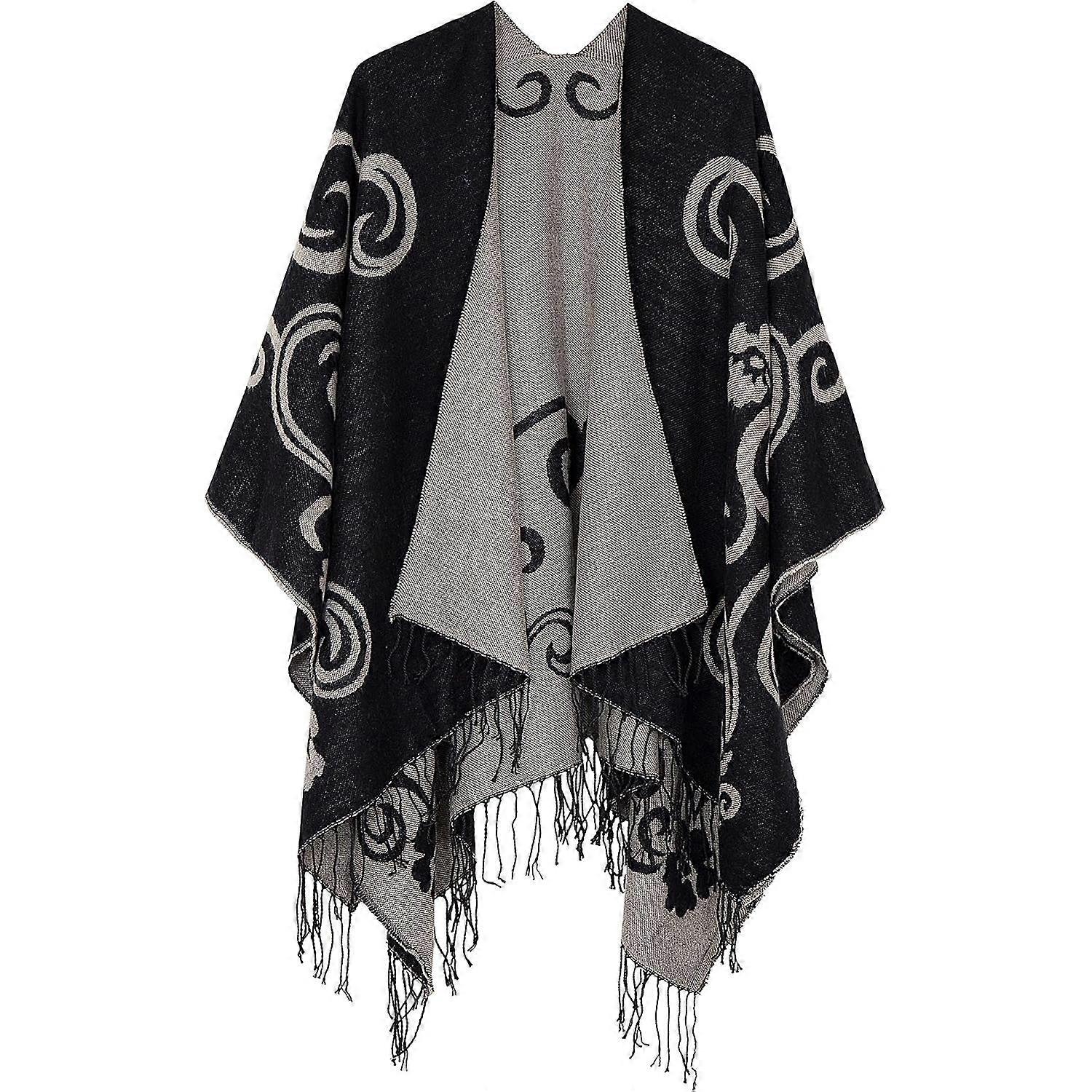 Women's Printed Cardigan Shawl with Front Fringe, Checkered Scarf with Puffed Corner Open Front with Wavy Shawl Wrap（Y0302）