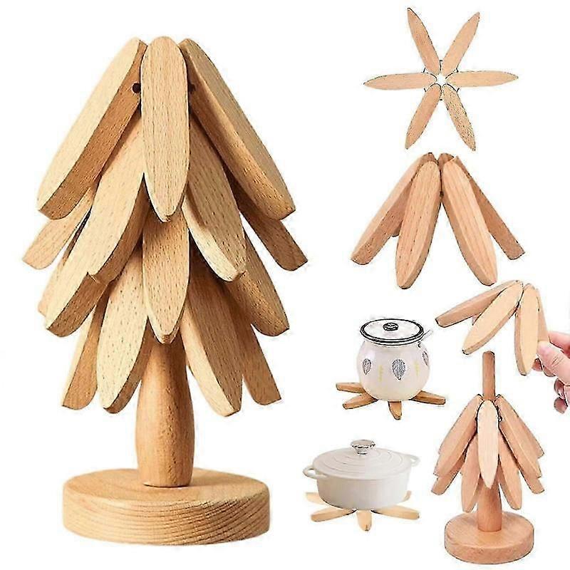Storage Stand Included Foldable Walnut Wood Trivet Set for Kitchen