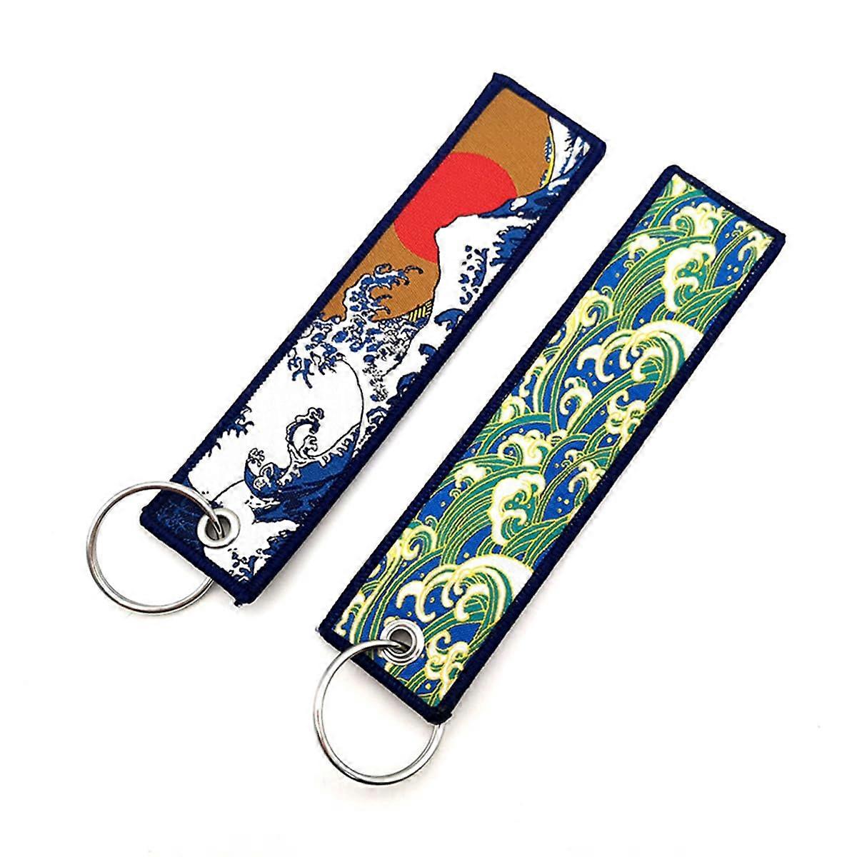 Motorcycle Keychain with DoubleSided Wave Embroidery, 2pcs Embroidered Keyring for Bikers