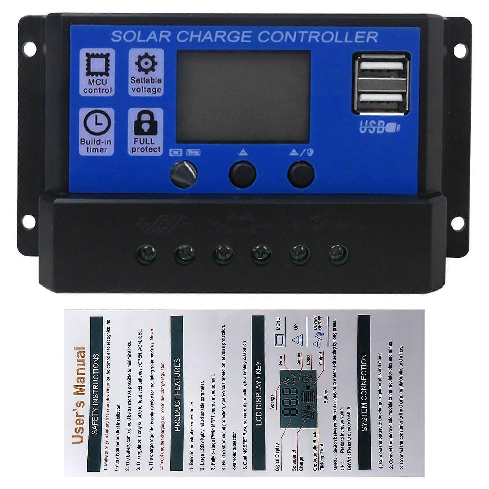 30A PWM Solar Charge Controller 12V 24V with Dual USB Fast Charging and Automatic Battery Detection