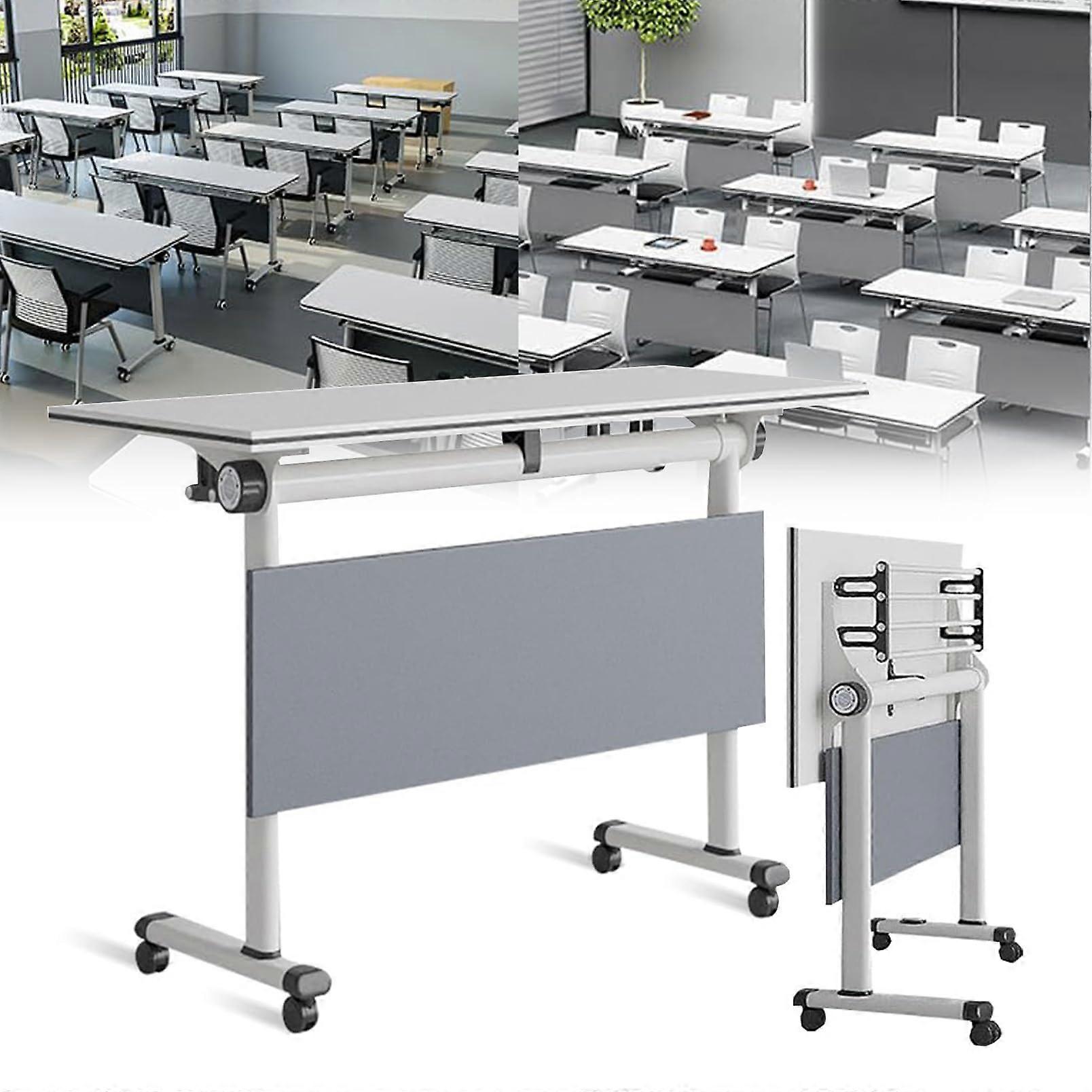 Folding Conference Table with Flip Design and Silent Wheels, White Mobile Training Table for Office