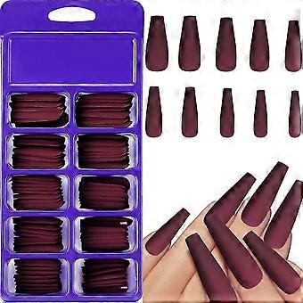 100 Pieces Matte Extra Long Nails Coffin False Nails Solid Color Full Cover Fake Nails Matte With Box For Women Girls Nail Decorations (wine Red)