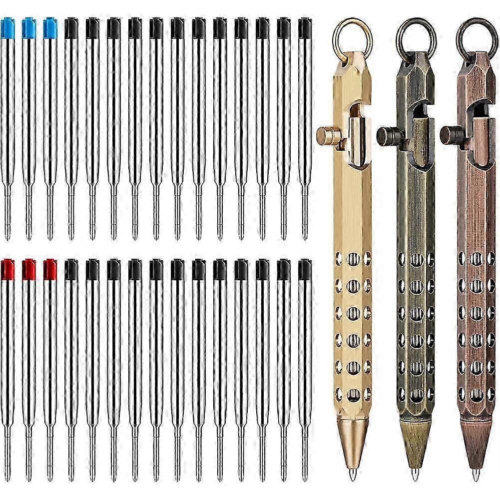 3Pack Bolt Action Pen Set, Hexagonal Solid Brass Pocket Pen with 30 Ballpoint Refills A