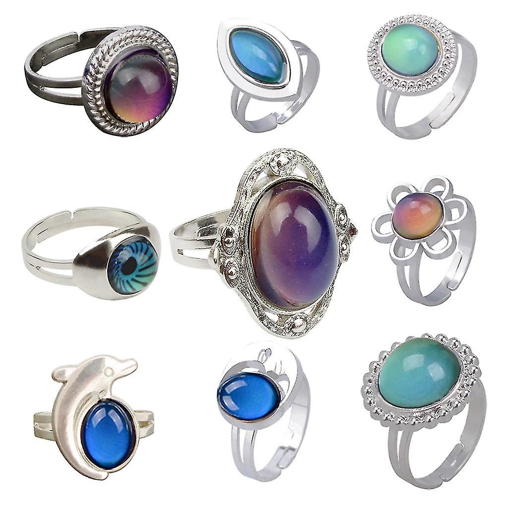 Handmade Rings 9-piece Set Thermochromic Gemstone Ring, Adjustable By Opening Worry Ring