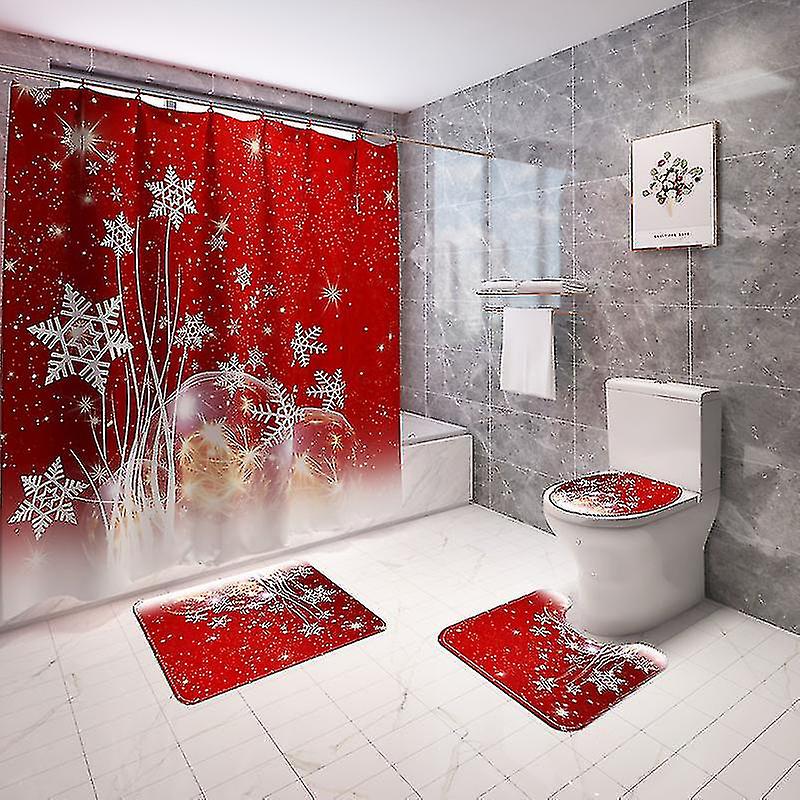 4pcs Christmas Elements Gradient Snowflake Printed Shower Curtain Floor Mat
