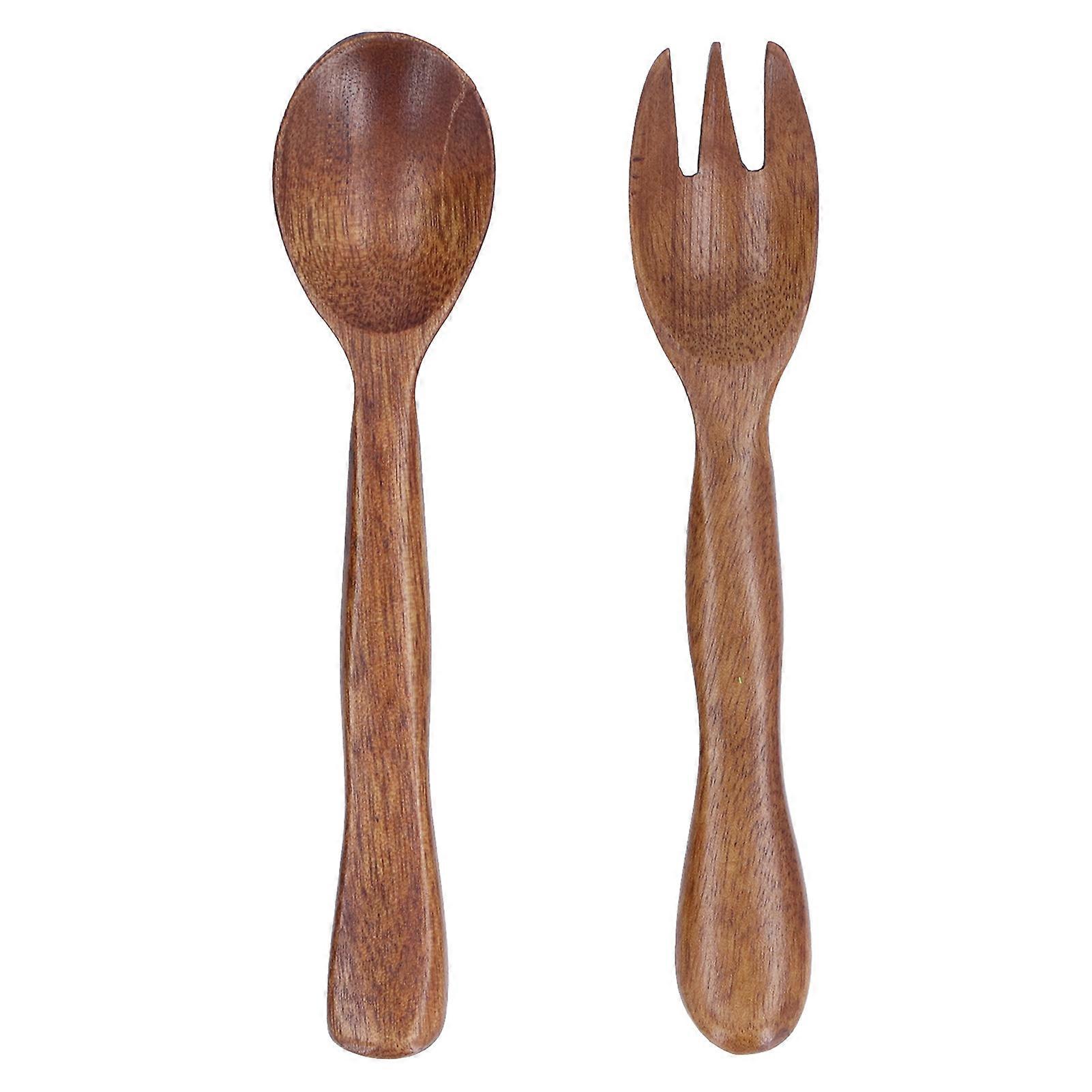 2 Pcs Reusable Wooden Spoons and Forks Set, Salad Servers, Reusable Kitchen Cutlery for Home and Travel