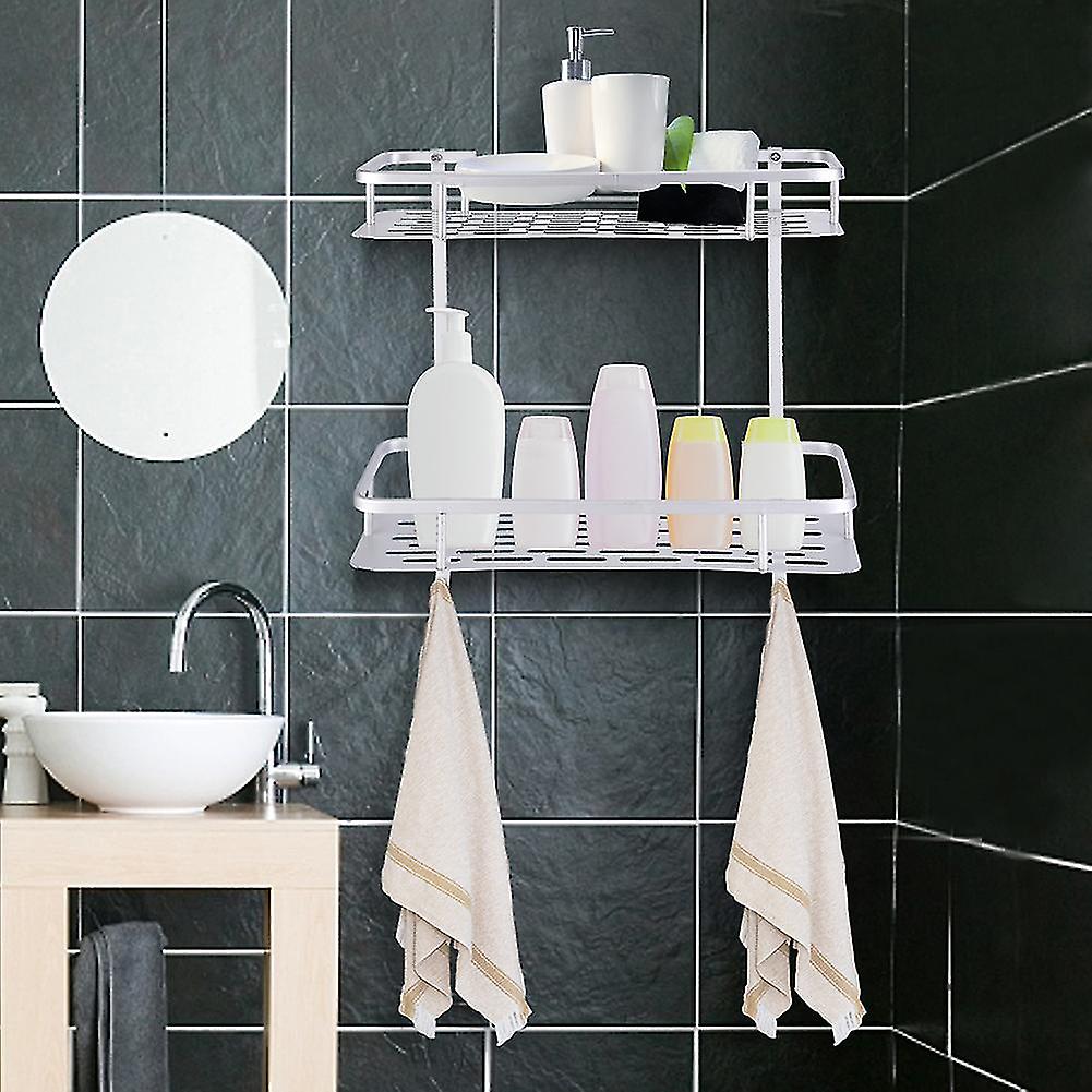Double Layer Aluminum Wall Shelf Rack with 2 Hooks Silver 304 Steel