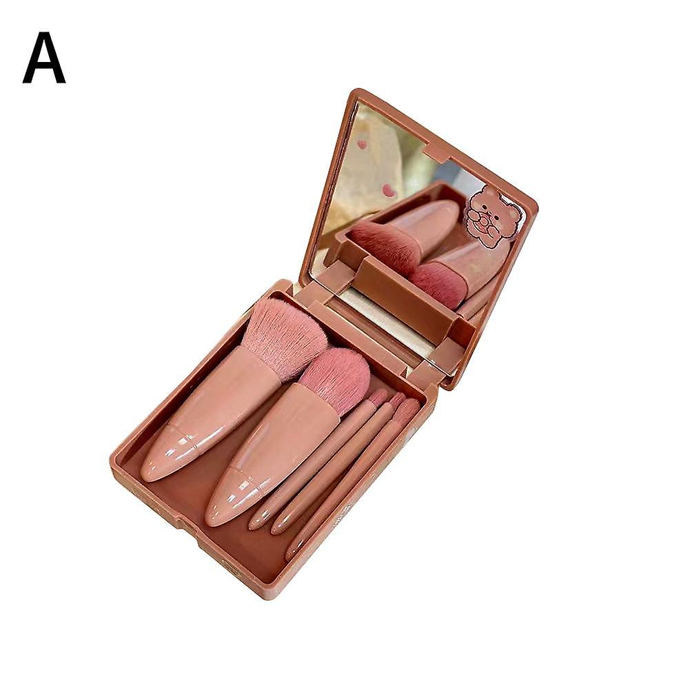 5 Pcs Mirrored Makeup Brush Set With Mirror Portable Travel Friendly Soft Synthetic Bristles For Foundation Blush Eyeshadow