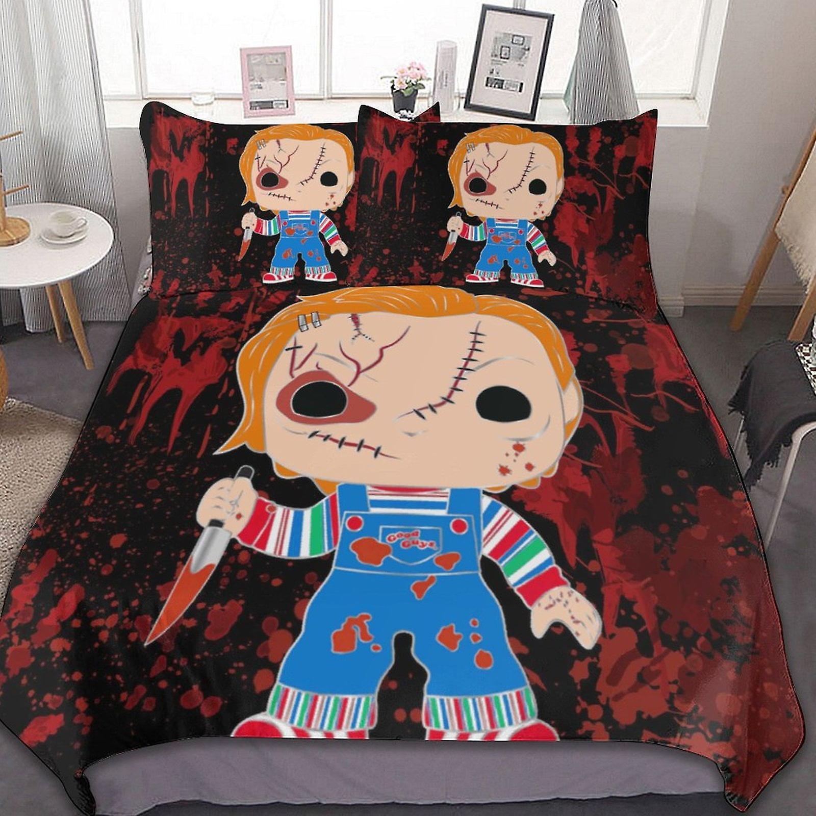 Chucky Horror Movie 3 قطع ملاءات السرير مجموعة غطاء لحاف قابل للتنفس مع 2 وسادة شام مجموعة الفراش الناعمة لجميع الفصول