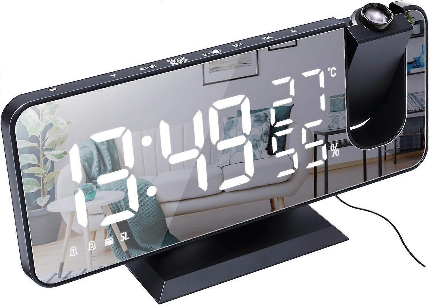 Projector Bedroom Alarm Clock Large Screen 7.4" LED Mirror and 4 Dimmer Clock Radio with 180 Rotating USB Charging 2 Sounds Black-White