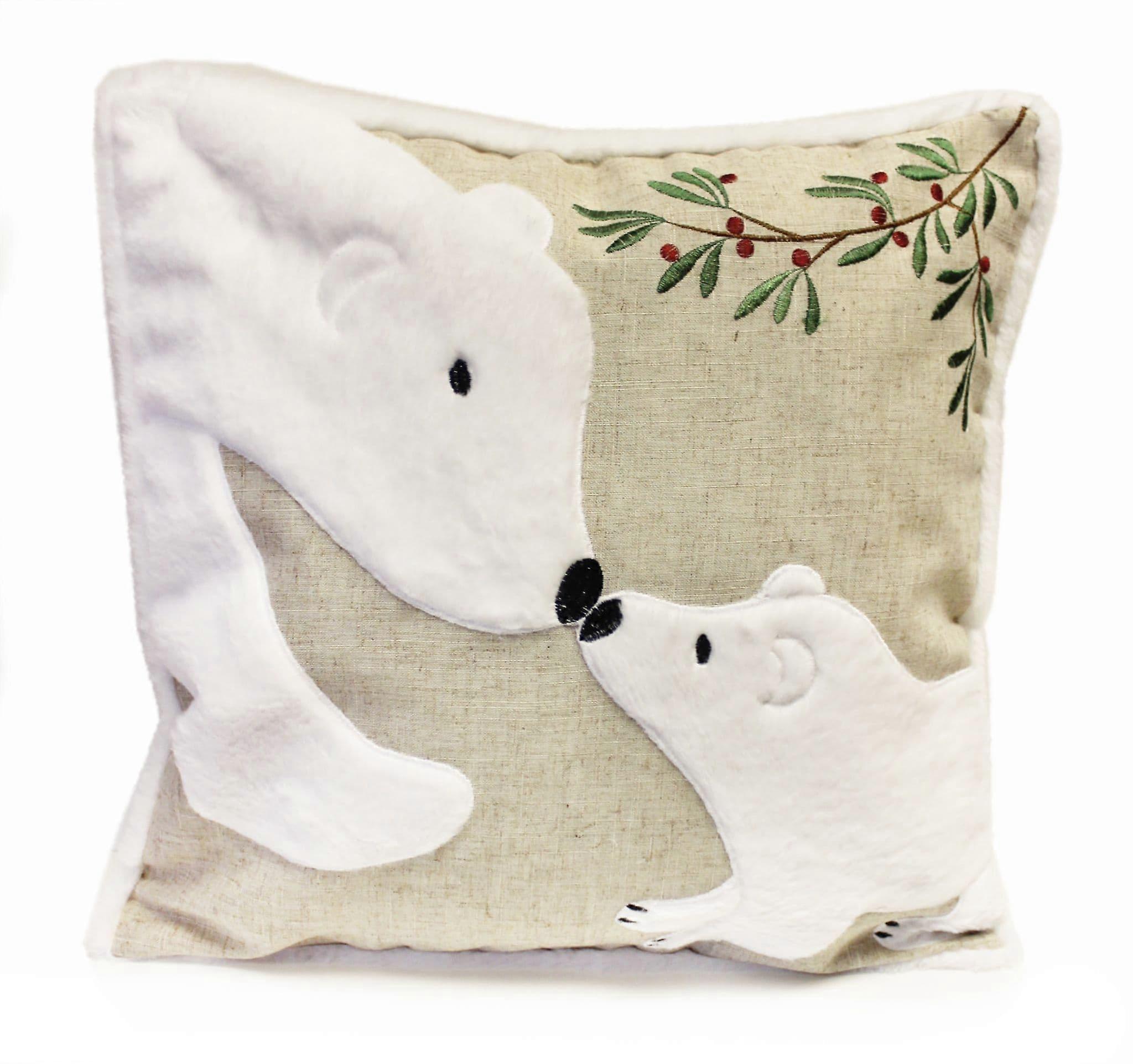 Eskimo Kiss Applique Polar Bears and Embroidered Foliage and Berries Cushion - 45cm x 45cm