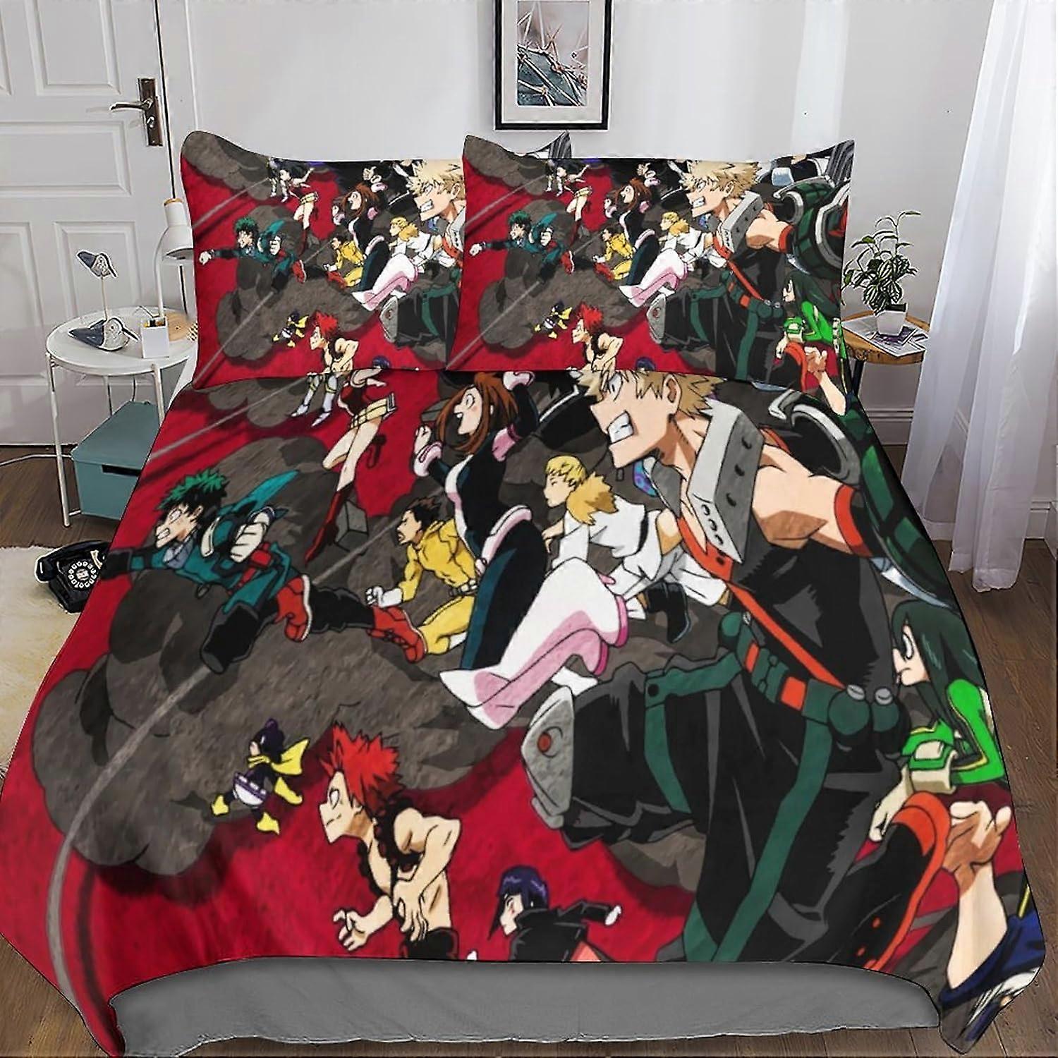 My Hero Academia 3D Housse de couette, ensemble de literie et taie d’oreiller pour lit simple ou double en microfibre avec fermeture à glissière 3 pièces