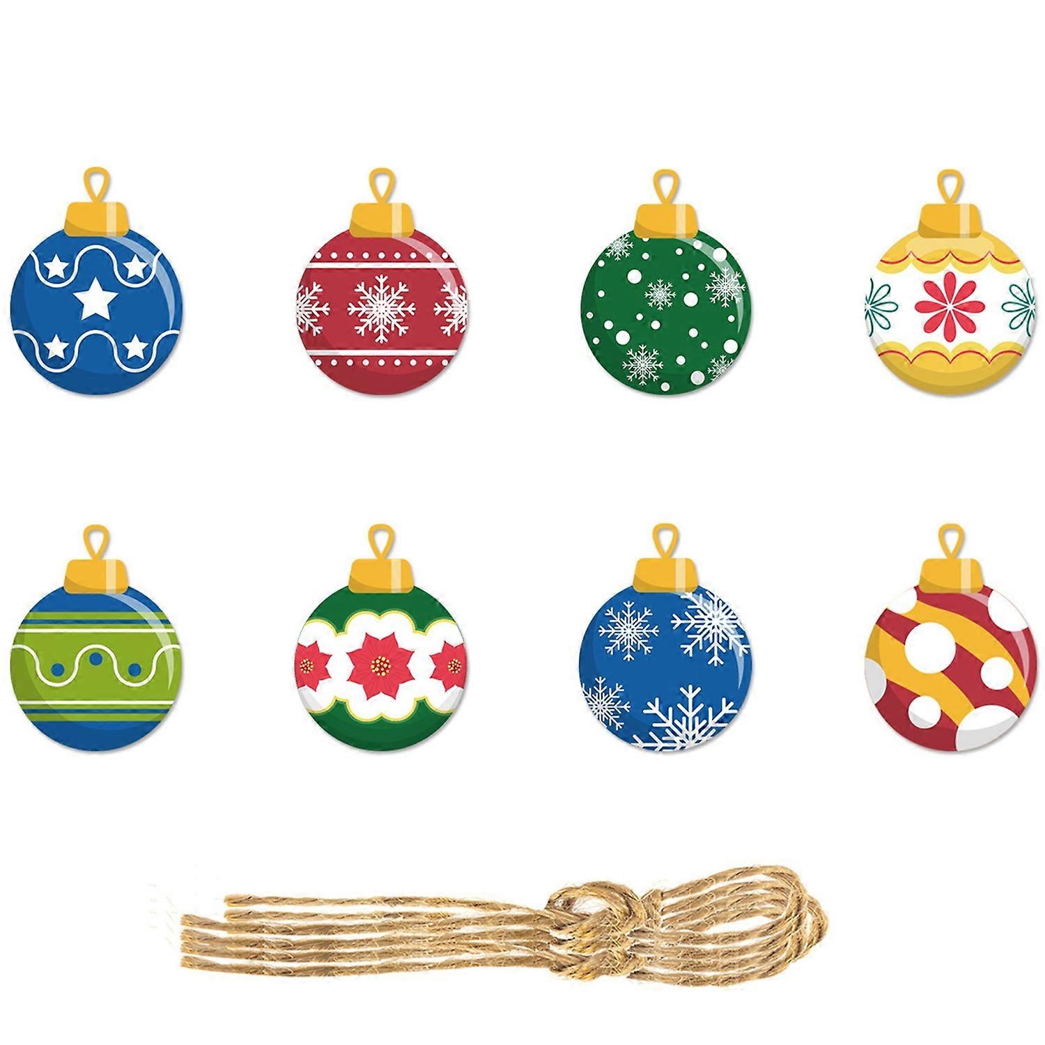 40Pcs Cartoon Printed Flat Paper Christmas Ball Pendants with Hemp Rope Holiday Party Scene Layout