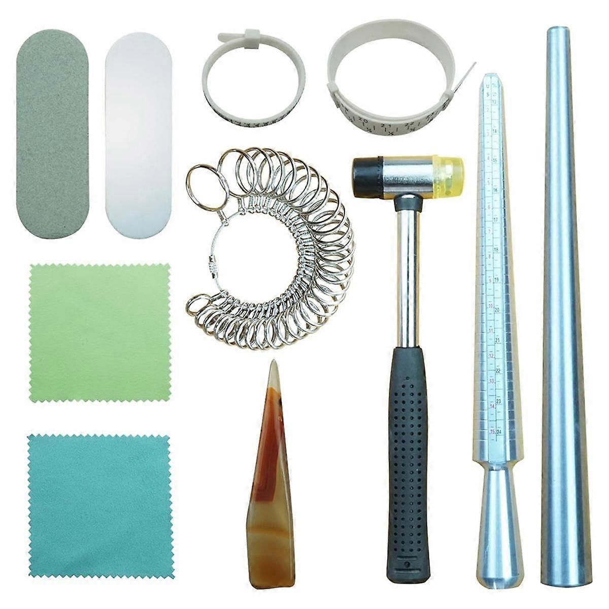 Ring Size Tools Ring Making Kit with Ring Mandrel Round Model Metal Rod Rubber Jeweler'S Hammer and