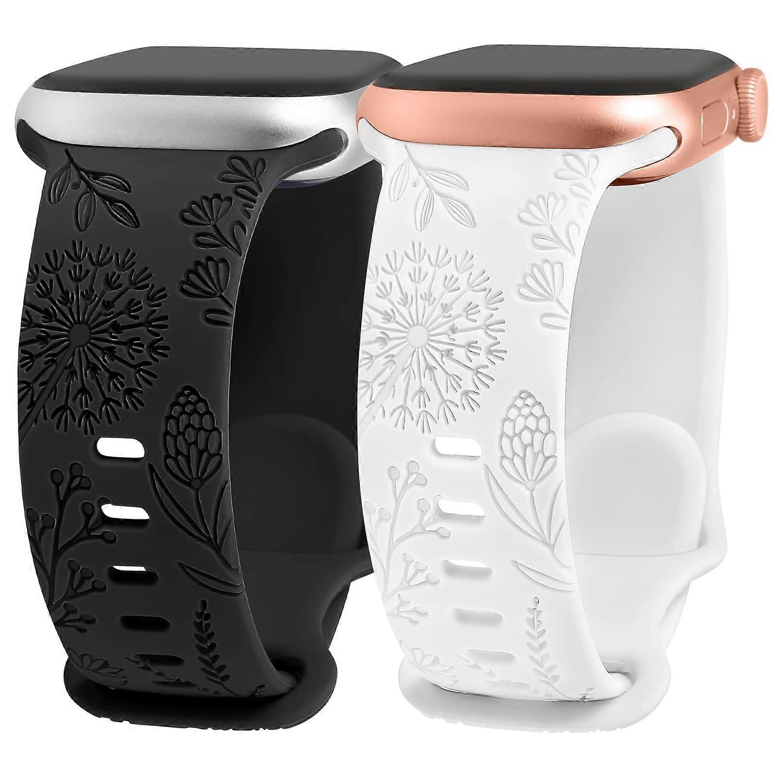 Compatible with Apple Watch Straps 38/40/41mm,Sport Strap Engraved Dandelion Pattern Replacement for iWatch Series 8/7/SE/6/5/4/3/2/1,Black+White