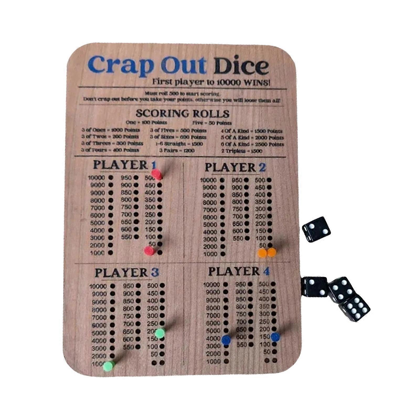 1 Set Crap-Out Dice Scoreboard with Dice Peg 4 Players Wooden Dice Game Score Board Kit Adults Family Game Night Party Essentials Prop