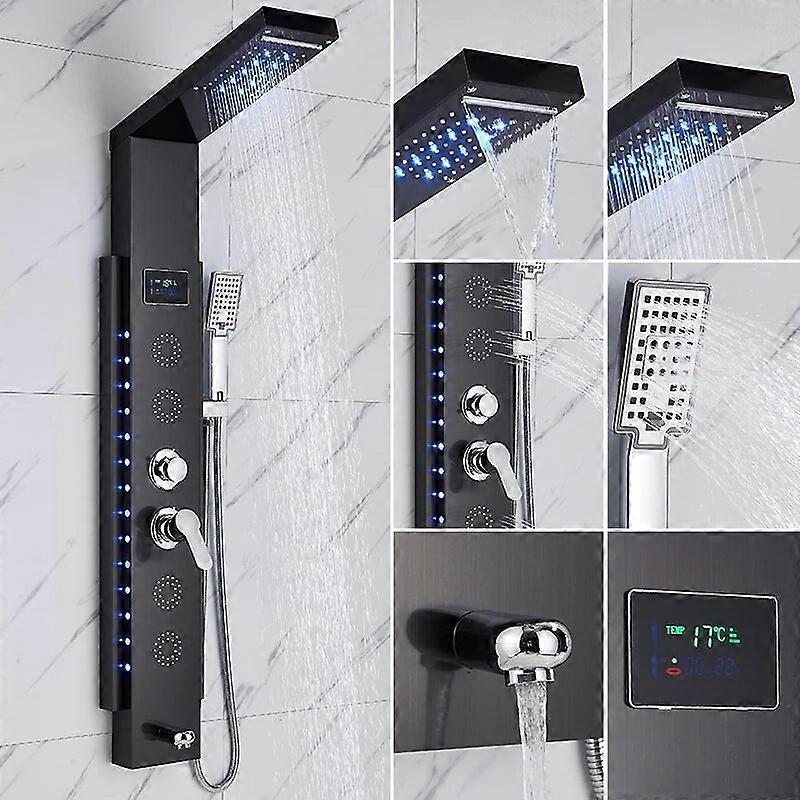 Black Wall-Mounted Shower Panel Shower Column With Waterfall Nozzle, Led Light Back Spray Massage Temperature Digital Display