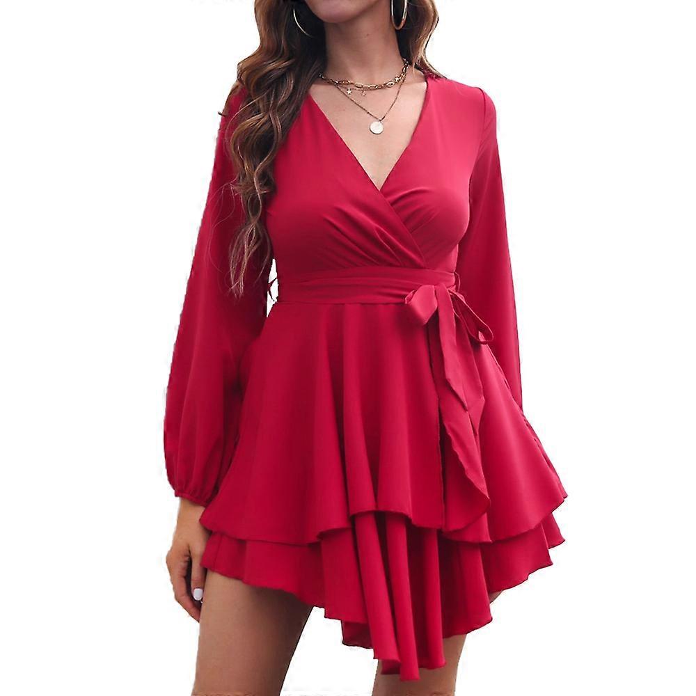 Rochie pentru femei Decolteu în V adânc Manșon lung talie Cravată Volane Mini Swing Rochii de patinator - Claret