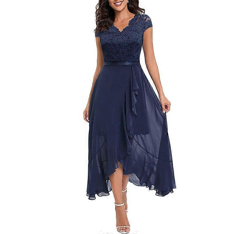 Half Sleeves V-Neck Lace Top Chiffon Dress Stormy