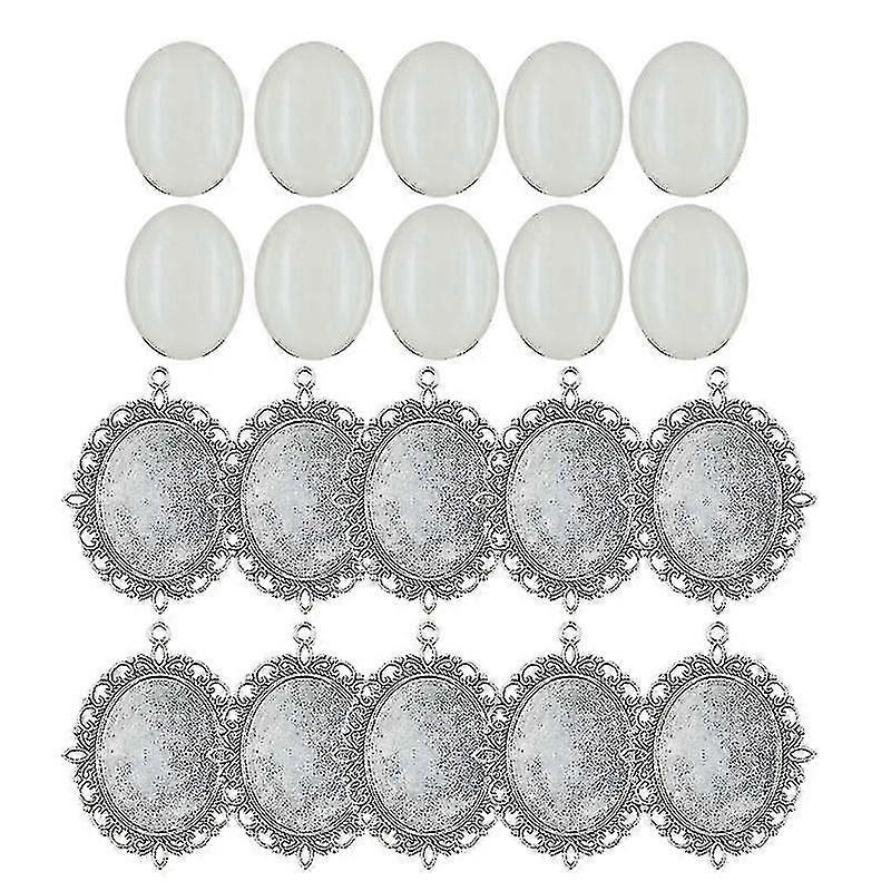 10 Set Alloy Pendant Trays Oval Bezel Trays With Transparent Glass Cabochons PXCL