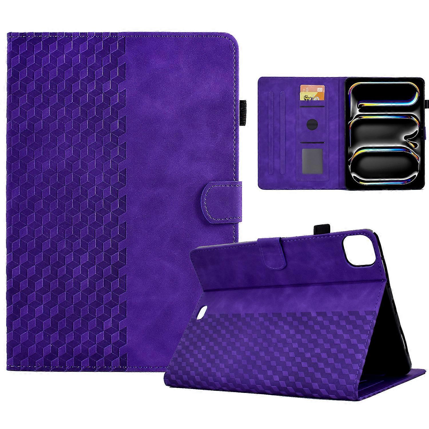 For iPad Pro 11 (2024) Case Card Slots Leather Tablet Cover Block Pattern