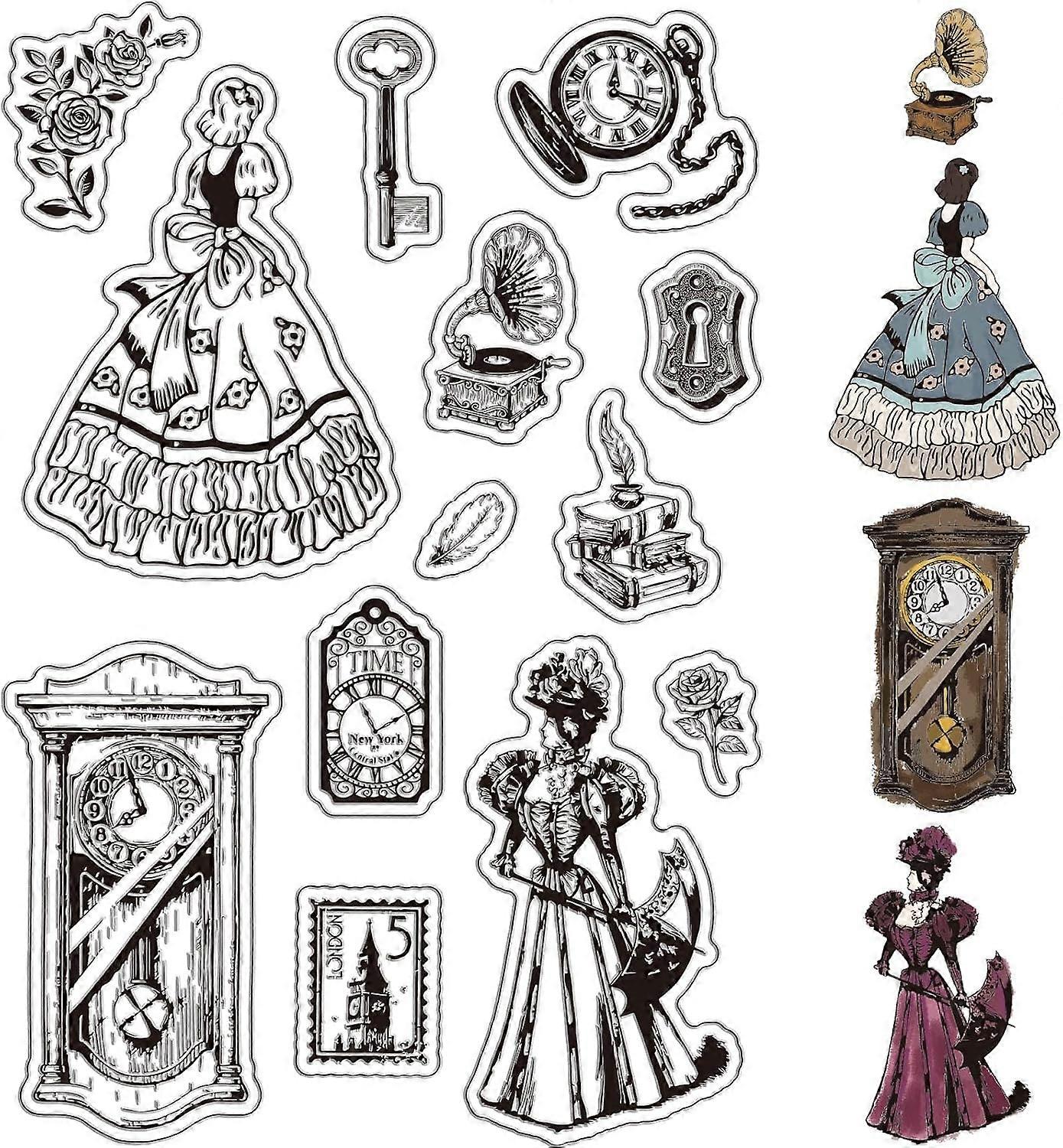 Clock Clear Stamps Retro Woman Lock Rose Reusable Postmark Transparent Silicone Stamp Seals for Journaling Card Making Decor DIY Scrapbooking Film Fra