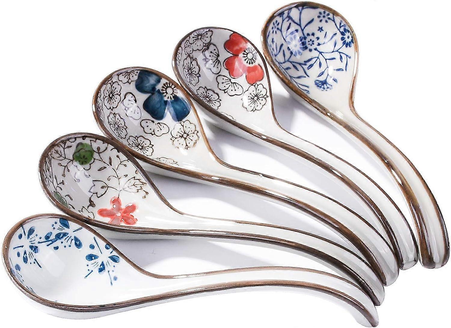 Japońskie i koreańskie ceramiczne łyżki do zupy zestaw 4 sztuk (losowo), ręcznie malowane, zakrzywione łyżki, łyżki do ryżu z długą rączką (losowo)