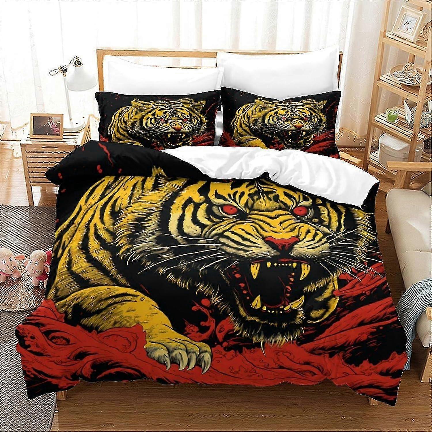 J2317 Lençóis Tigre 3 Pcs Conjunto de Cama Impresso Capa de Colcha, Capa de Edredão 3D para Meninos Adulto, Microfibra, com Fronhas Edredom de Microfibra de Fácil Cuidado