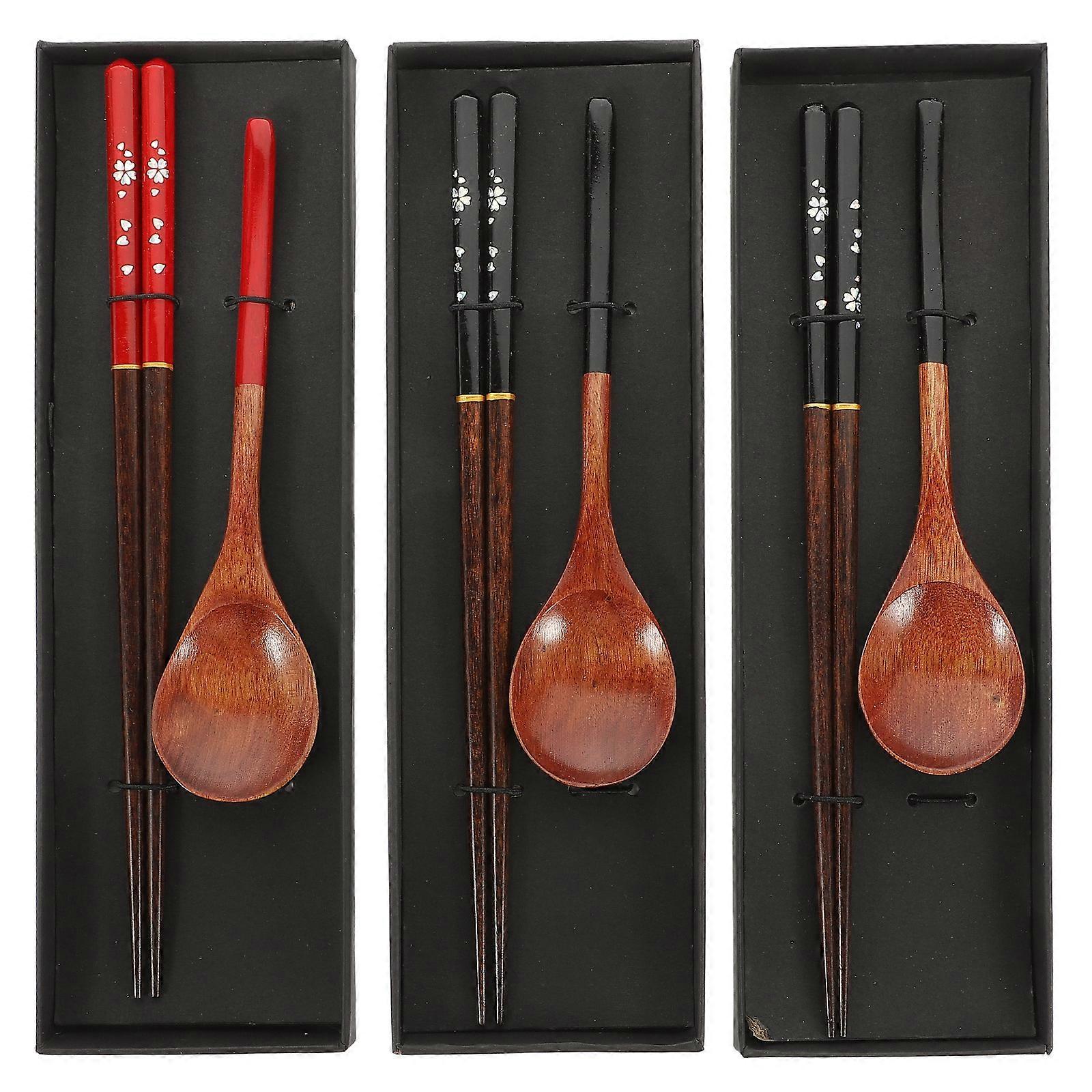 3 Sets Japanese Style Tableware Wooden Chopsticks and Spoons (Assorted Color)