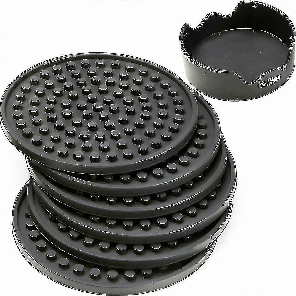 Coasters For Drinks - Set Of 6 With Holder, Black - Protect Furniture From Water Marks Or Damage - Deep Tray And Rim Catch Cold Drink Sweat Without Sp