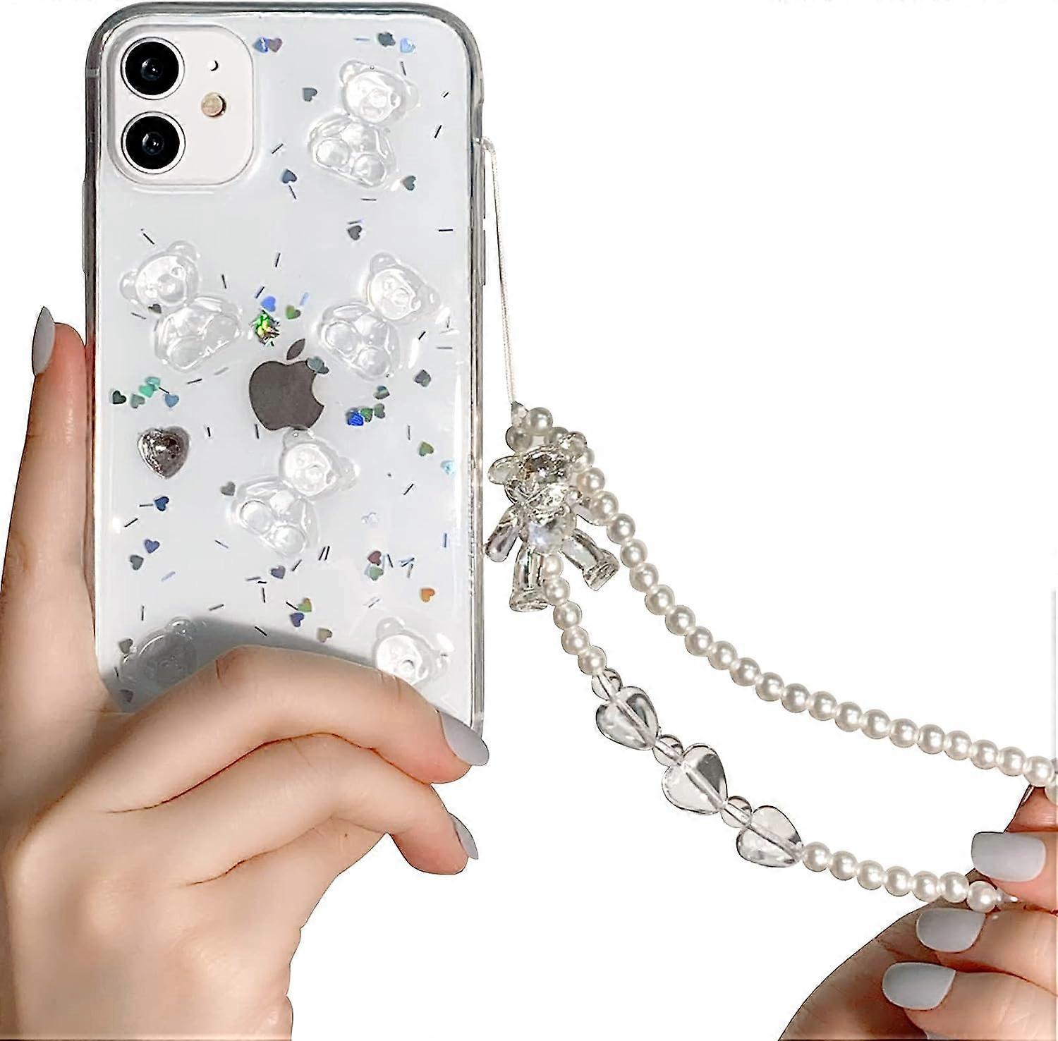 Compatible for iPhone 11 Case Clear Cute 3D Glitter Butterfly Flower Pearl with Chain for Girls Women Soft TPU Shockproof Protective Girly for iPhone 