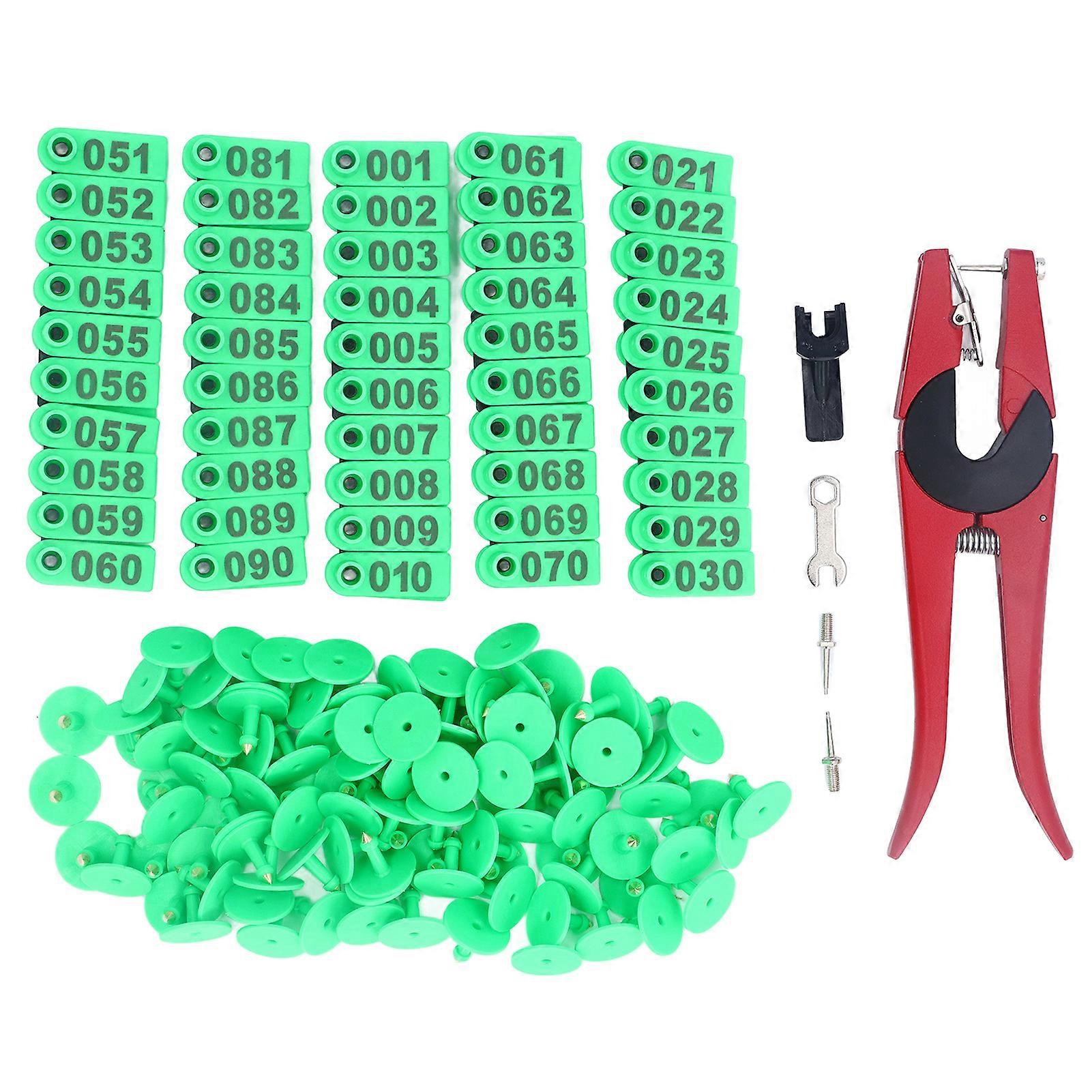 100 Pcs Livestock Ear Tags Animal Number Tags with Applicator for Cattle Horse Pig Sheep Green with Red Pliers and 2 Needles