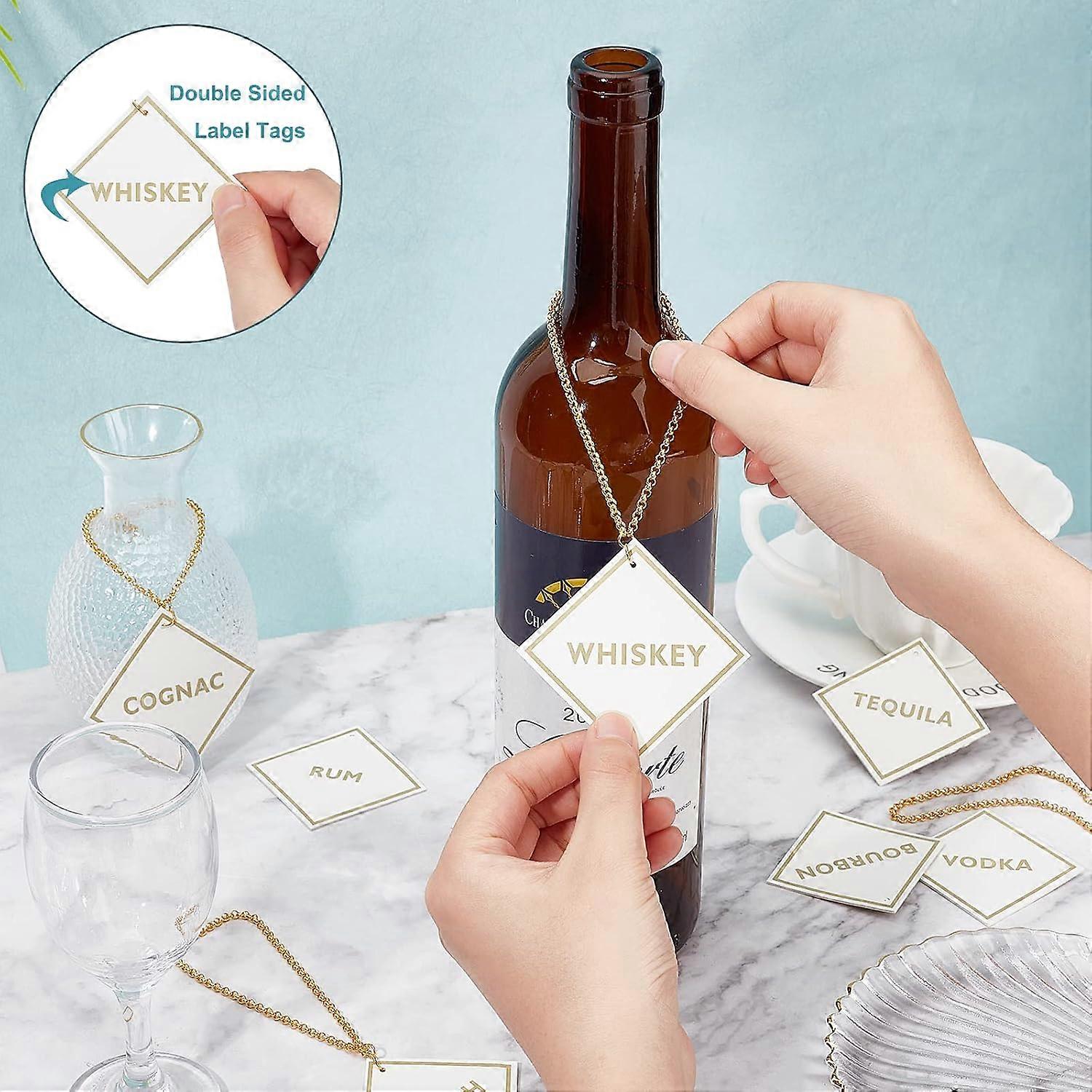 9 Sets Imitation Leather Decanter Liquor Tags with Stainless Chains Liquor Labels Tags Alcohol Tags for Liquor Bottle Tequila Cognac Scotch Gin Vodka